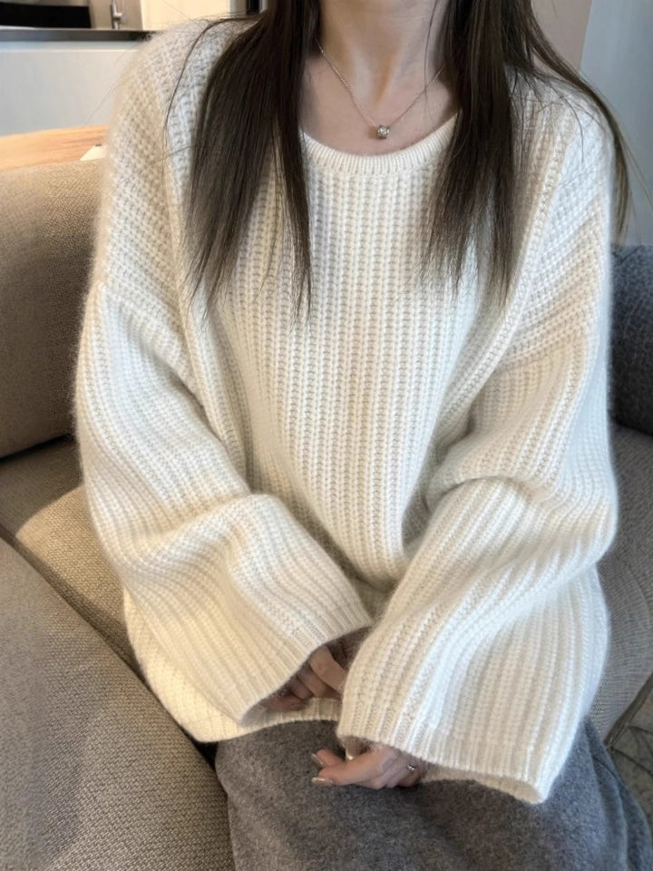 Women's Oversized Fluffy Sweater in Mohair Look with Textured Rib Design Mune Fashion