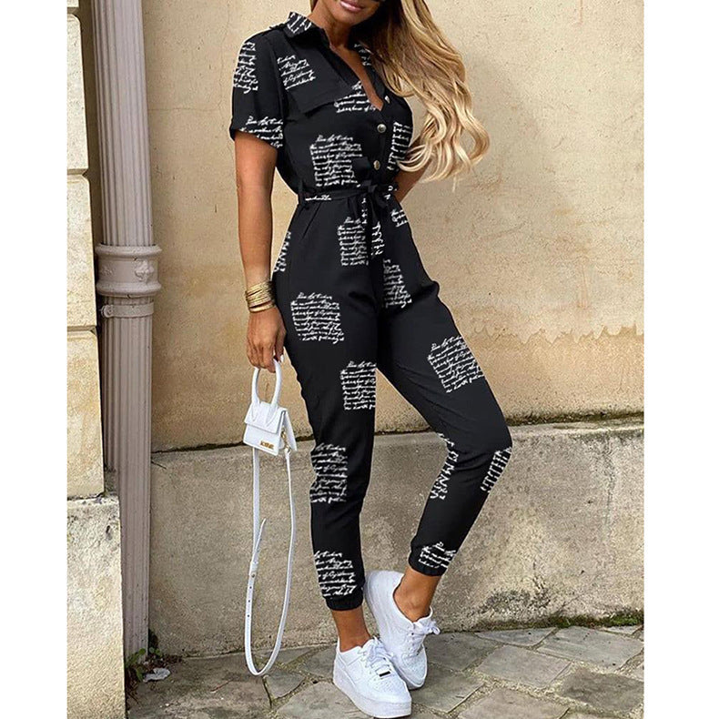 Women Short Sleeve Utility Overall with Waist Tie Belt and Slim Jogger Legs Mune Fashion