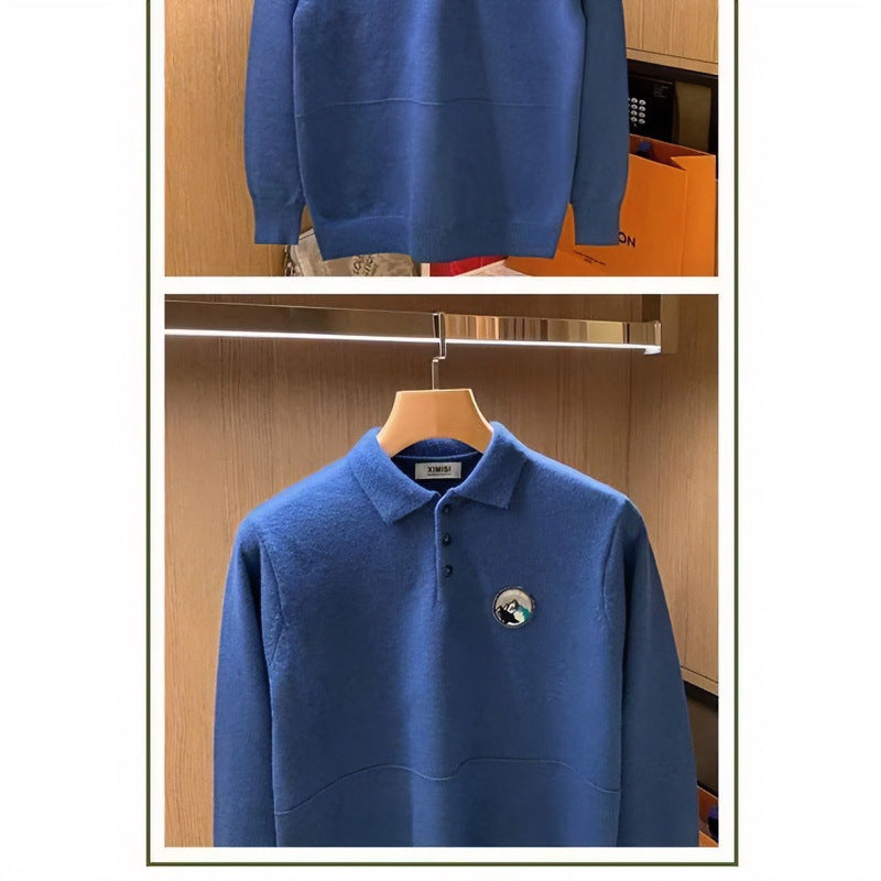 Men's polo collar sweater made of soft fluffy knit with logo patch Mune Fashion