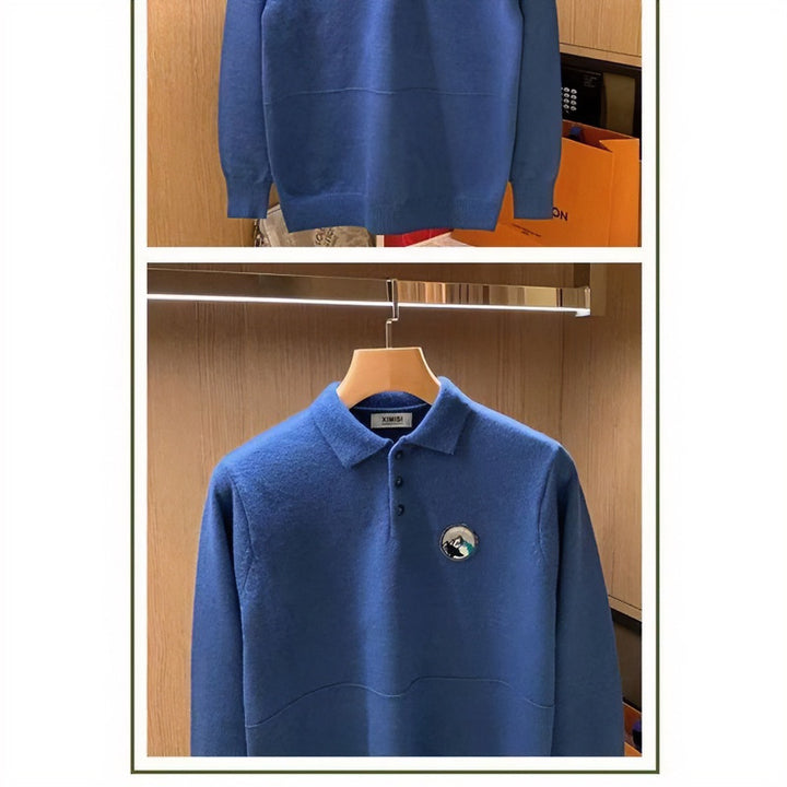 Men's polo collar sweater made of soft fluffy knit with logo patch Mune Fashion