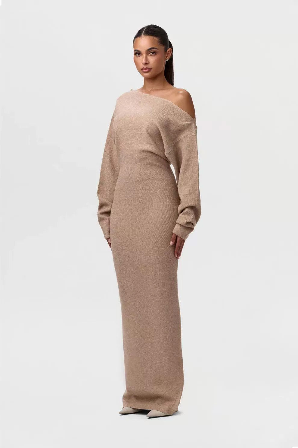 Women's One-Shoulder Maxi Knit Dress with Oversized Sleeves Mune Fashion