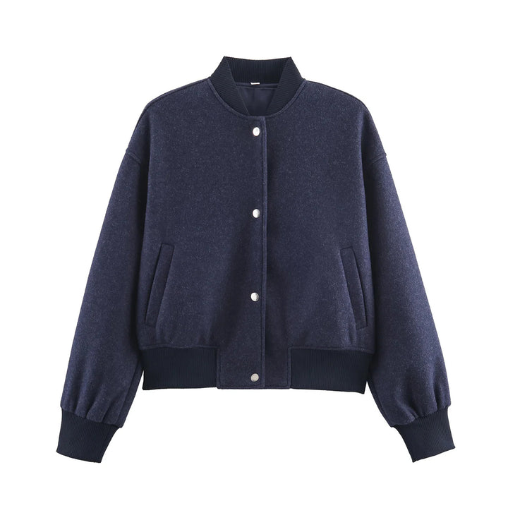 Women's nan tailored wool look college jacket with concealed snap button placket and side slip pockets Mune Fashion