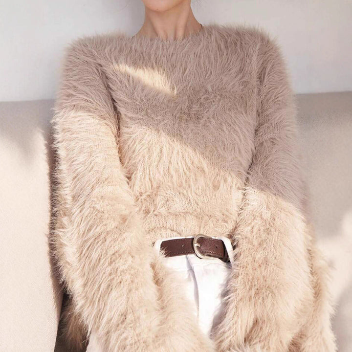 Women's Long Cut Cozy Fine Knit Sweater with Soft Plush Mix, Round Neckline and Casual Silhouette Mune Fashion
