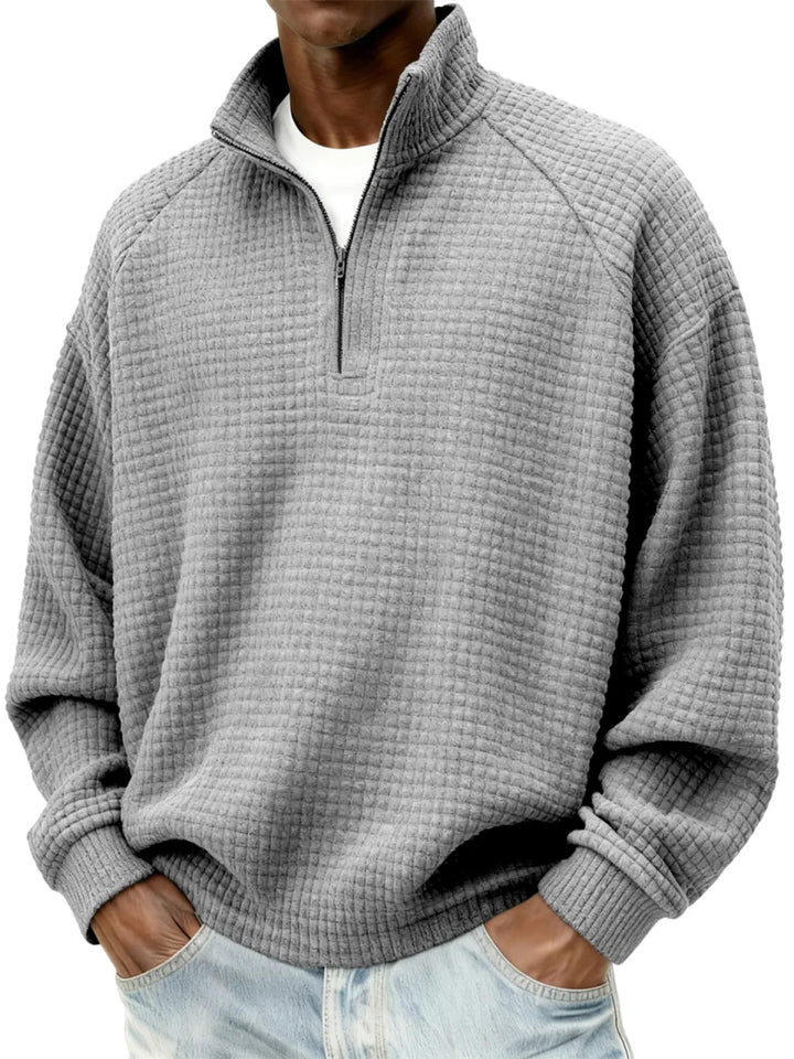 Men's Waffle Knit Oversized Sweater with Half-Zip and Stand-Up Collar Mune Fashion