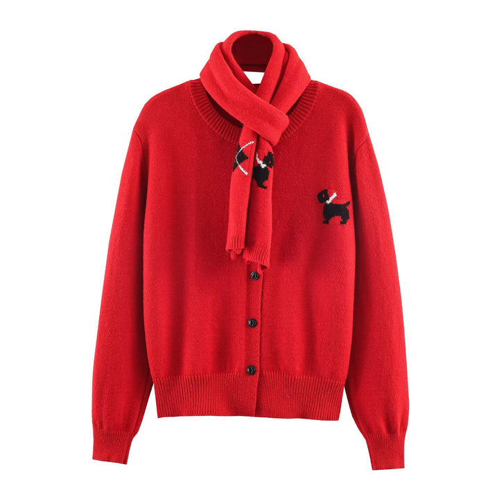 Women's Knitted Short Jacket with Integrated Scarf and Dog Intarsia Mune Fashion