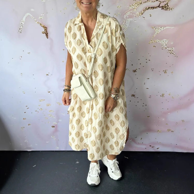 Women's shirt dress similar to a kaftan with V-neck, dropped shoulders, and textured muslin quality Mune Fashion