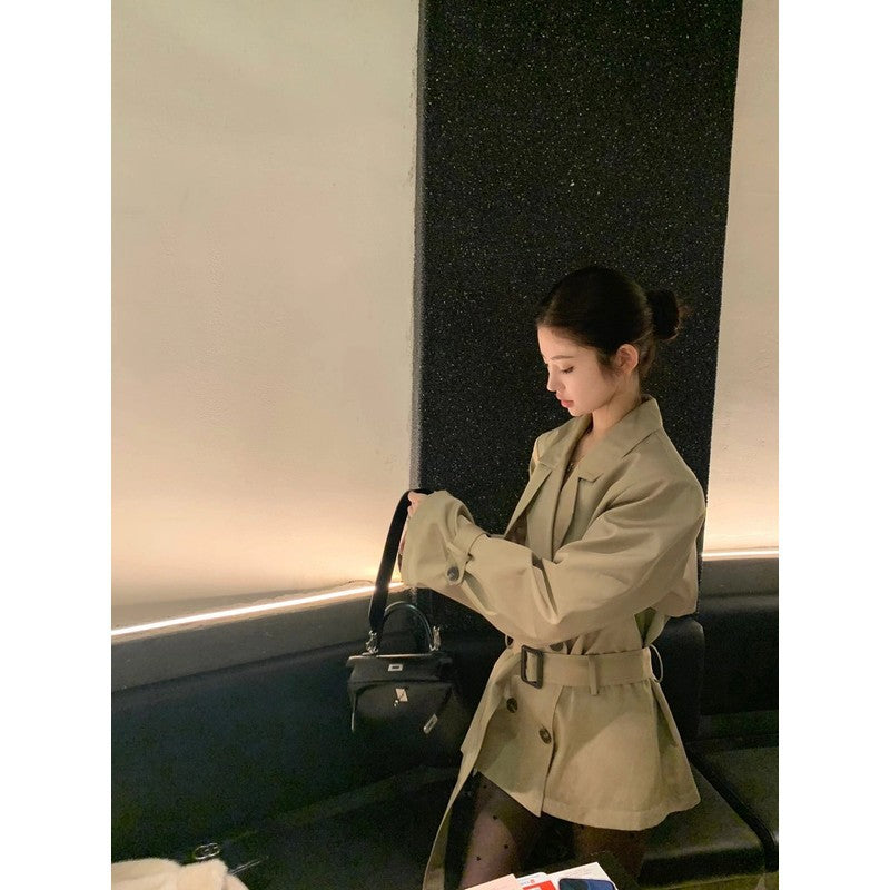 Women's Short Fitted Trench Coat Blazer with Double-Breasted and Waist Belt Mune Fashion