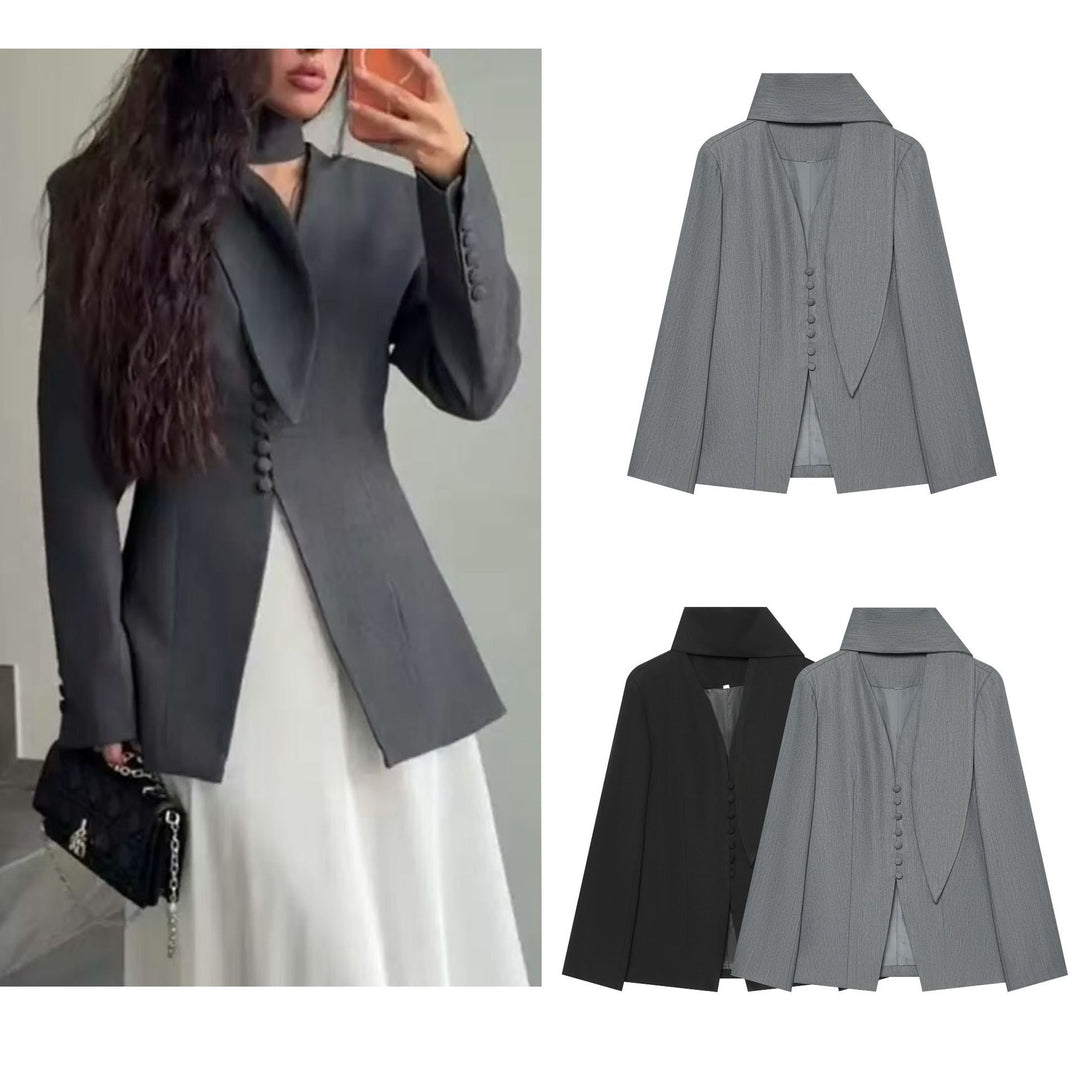 Ladies Tailored Short Blazer with High Stand Collar and Fabric Covered Button Placket Mune Fashion