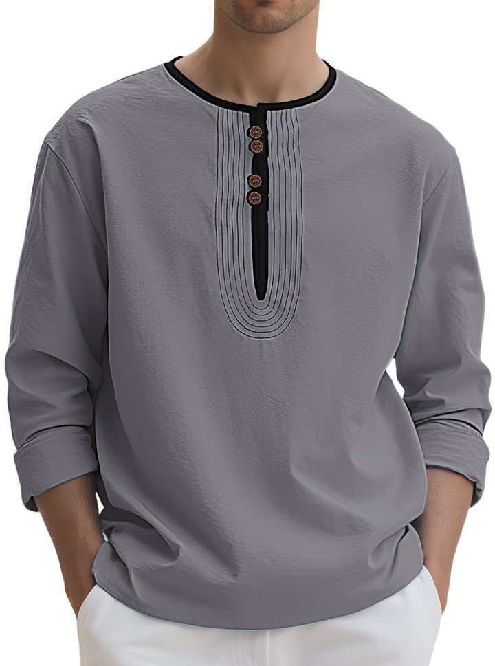 Men's loosely cut long sleeve kurta top with decorative pleats and wooden button placket Mune Fashion