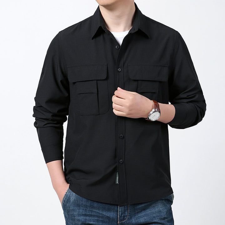 Men's lightweight field shirt with concealed button placket, two patch breast pockets and roll-up sleeves.