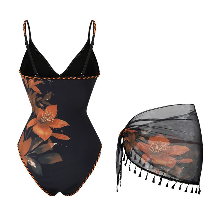 Women's Fashion Swimsuit with Floral Design and Transparent Wrap Skirt Mune Fashion