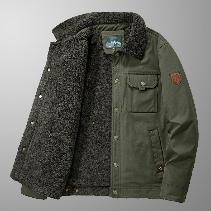 Men's Sherpa-lined canvas trucker jacket with teddy lining and utility pockets Mune Fashion