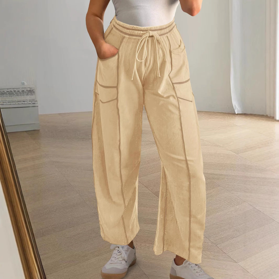 Women wide cargo lounge pants with elastic waistband and contrast seams Mune Fashion