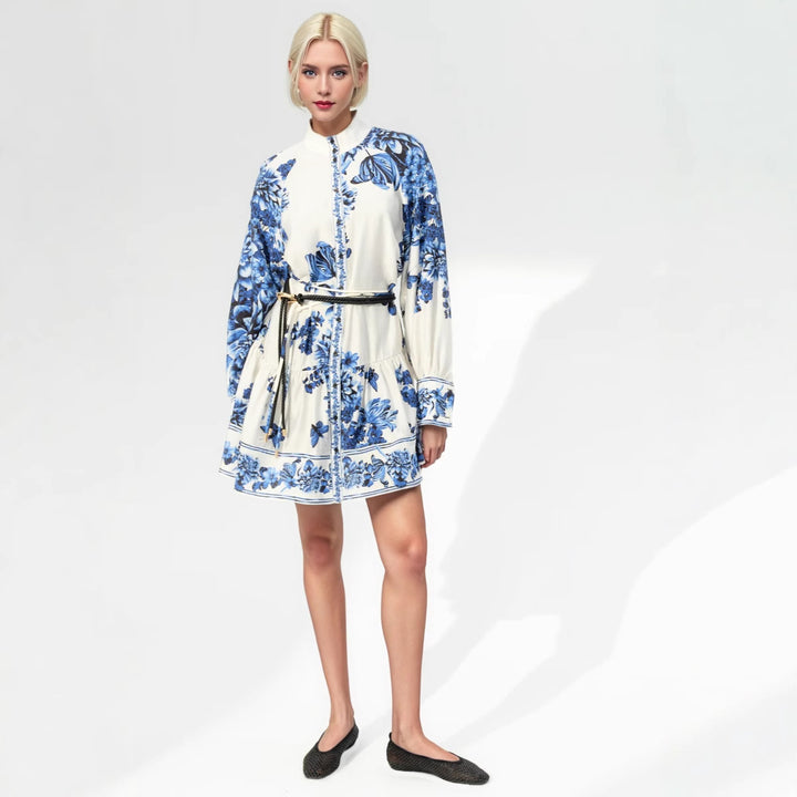 Women's midi dress with stand-up collar, full button placket and waist drawstring Mune Fashion