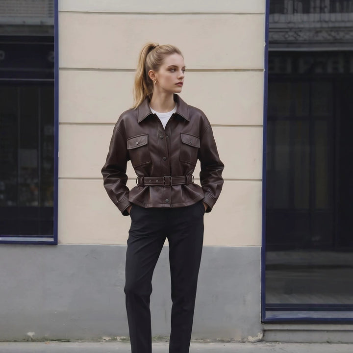 Ladies Fashion Leather Jacket with Belt Mune Fashion