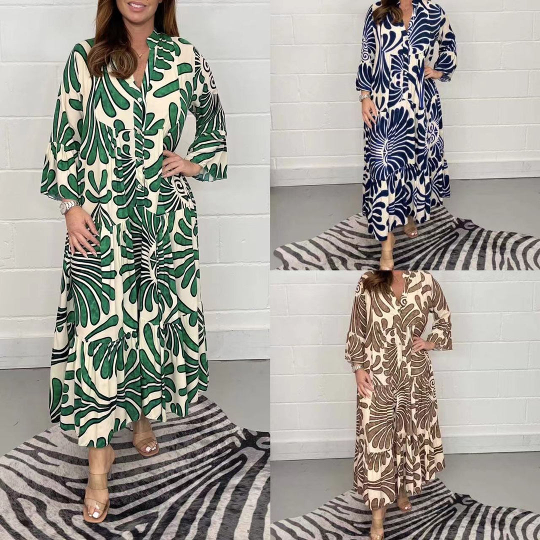 Ladies Long Tiered Dress with Button Placket and Abstract Leaf Print Mune Fashion