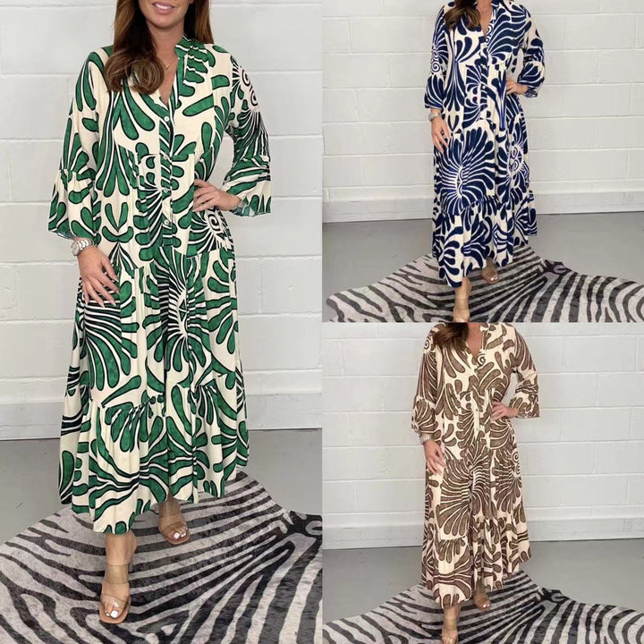 Ladies Long Tiered Dress with Button Placket and Abstract Leaf Print Mune Fashion