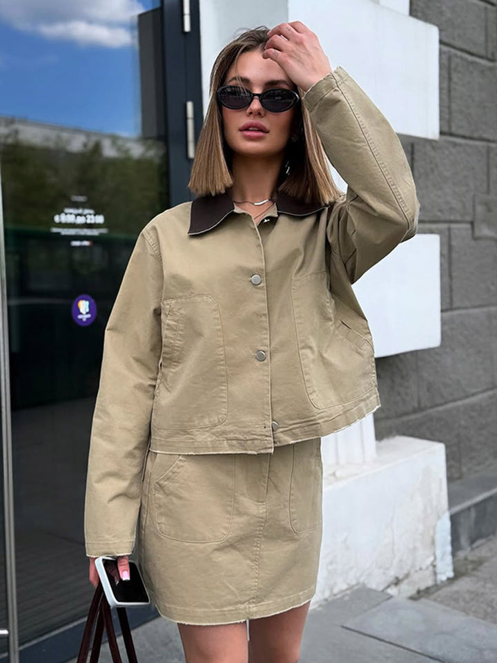 Women's Two-Piece Cotton Utility Set with Cropped Jacket and Mini Skirt Mune Fashion