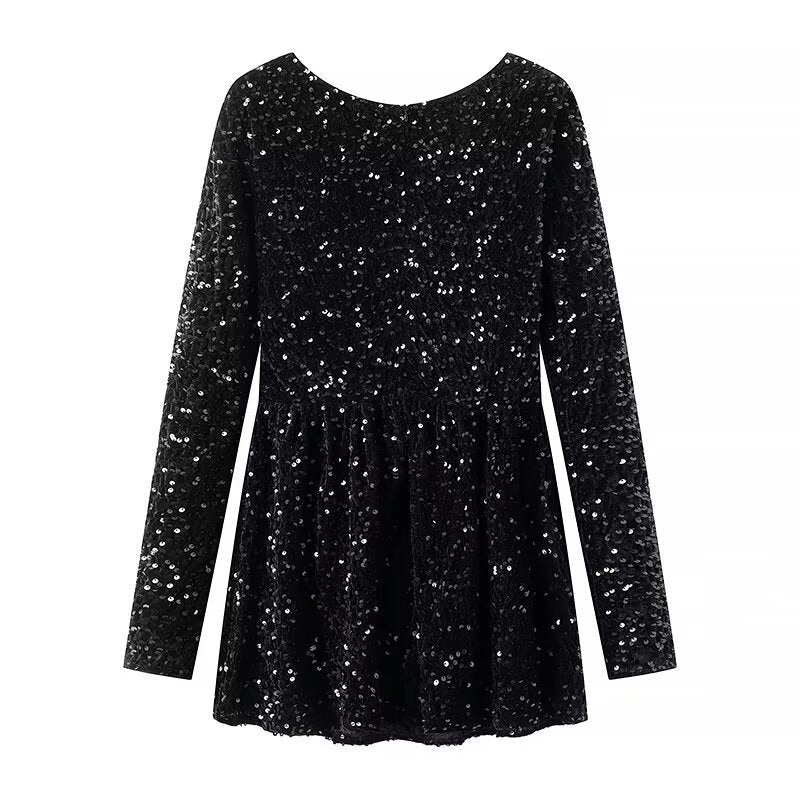 Women's Sequin-Embellished Velvet Mini Dress with Flattering Corset and Flared Skirt Mune Fashion
