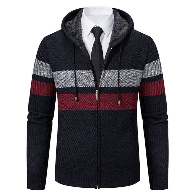 Men's non-insulated hooded cardigan with teddy lining, full-length zipper and contrasting stripes Mune Fashion