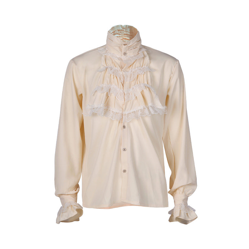 Ladies' romantic Victorian ruffled blouse with stand collar and lace cuffs Mune Fashion