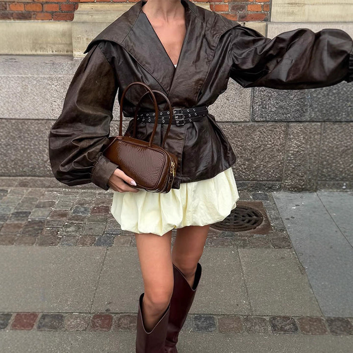Women's Tailored Faux Leather Blouson with Wide Shawl Collar, Voluminous Balloon Sleeves and Double Studded Belt Mune Fashion
