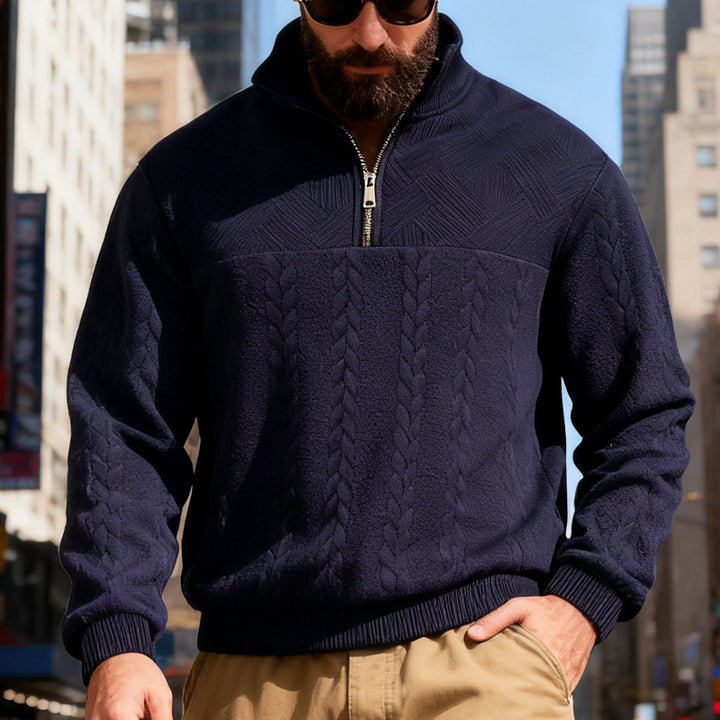 Men's textured half-zip knitted sweater with cable pattern and high stand-up collar Mune Fashion