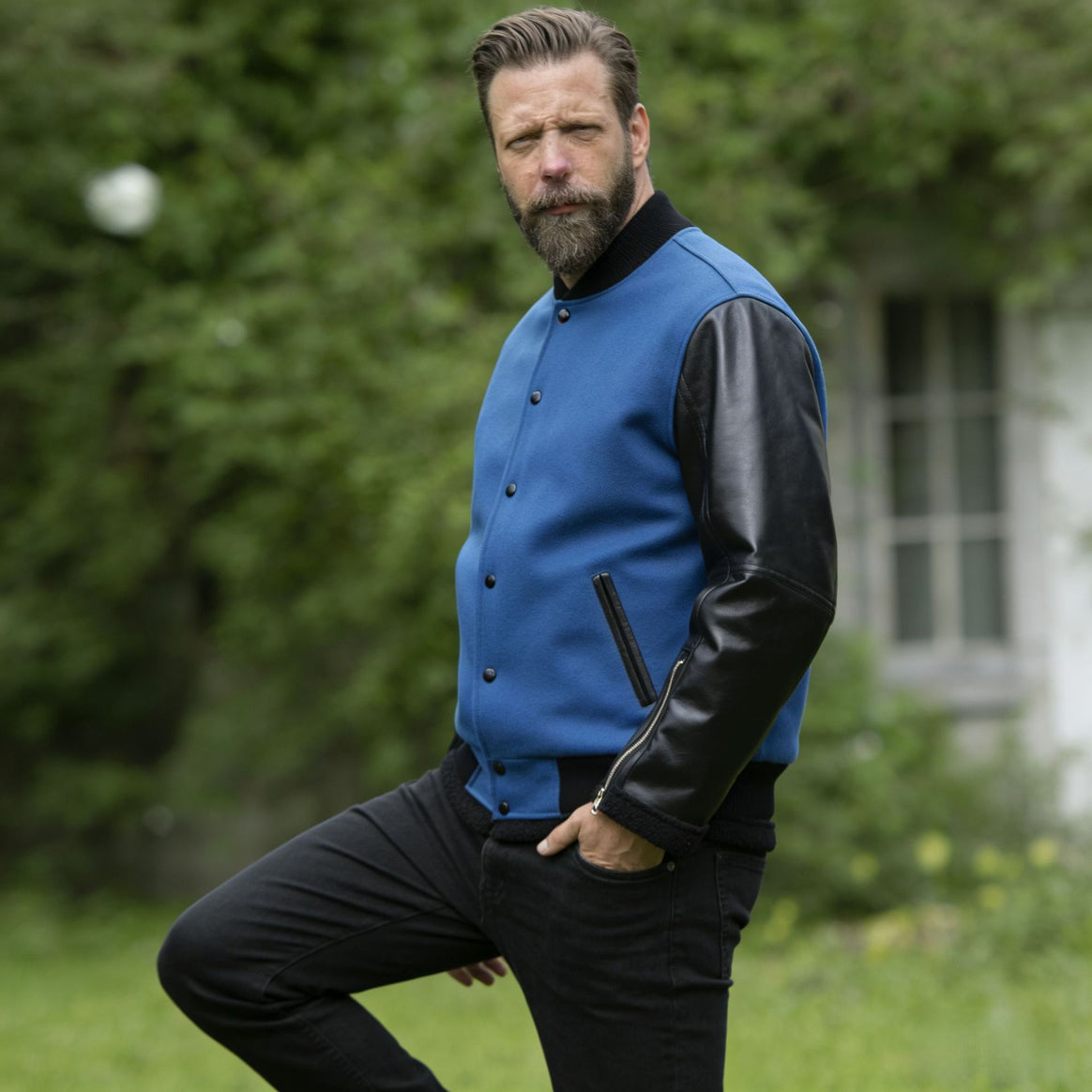 Men's College Bomber Jacket in Varsity Style with Wool Body and Leather Sleeves Mune Fashion