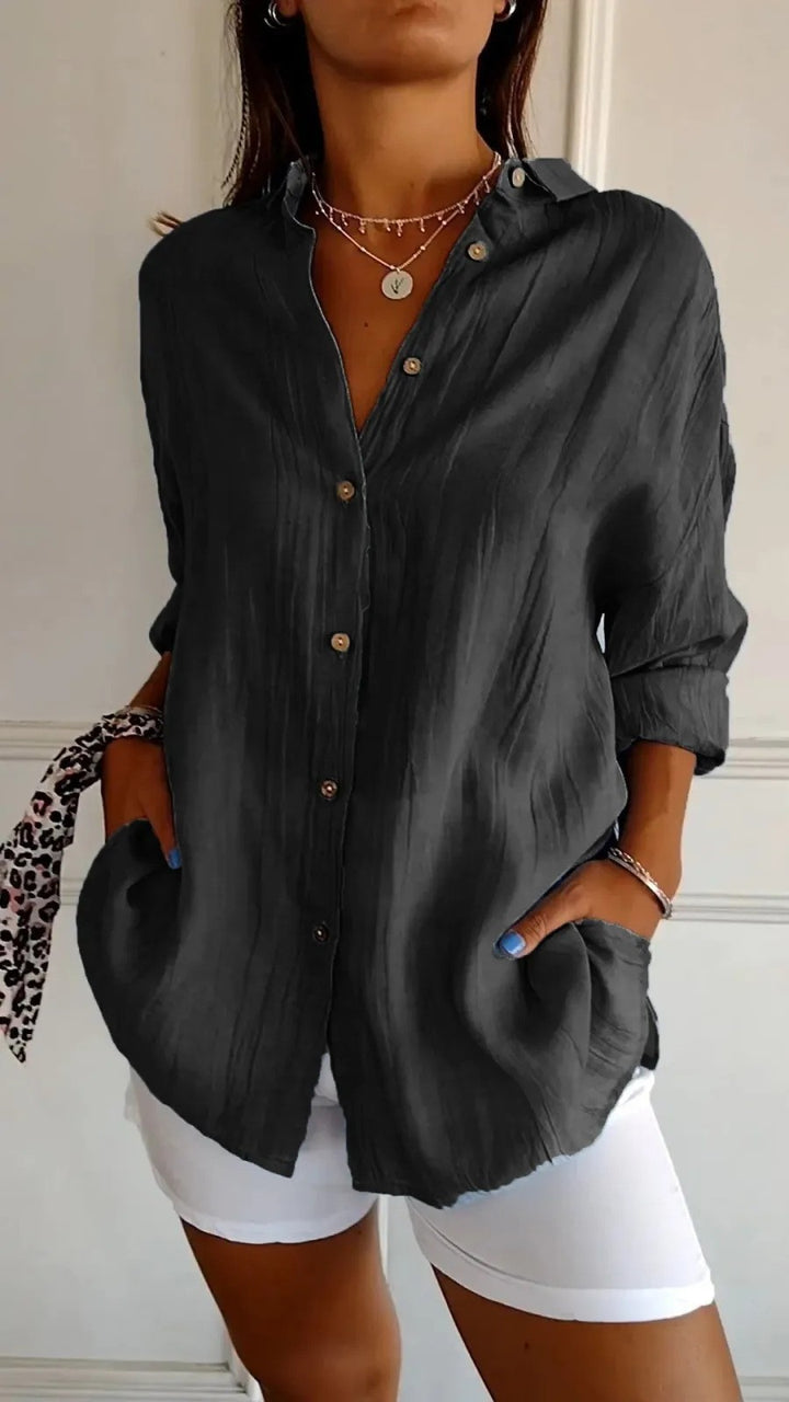 Women's Loose Crinkle Shirt with Pockets and Rolled-Up Sleeves Mune Fashion