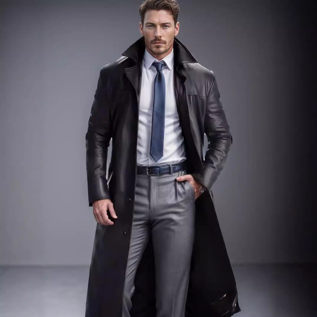 Men's Long Leather Coat in Trench Style with Slim Silhouette and Stand Collar Mune Fashion