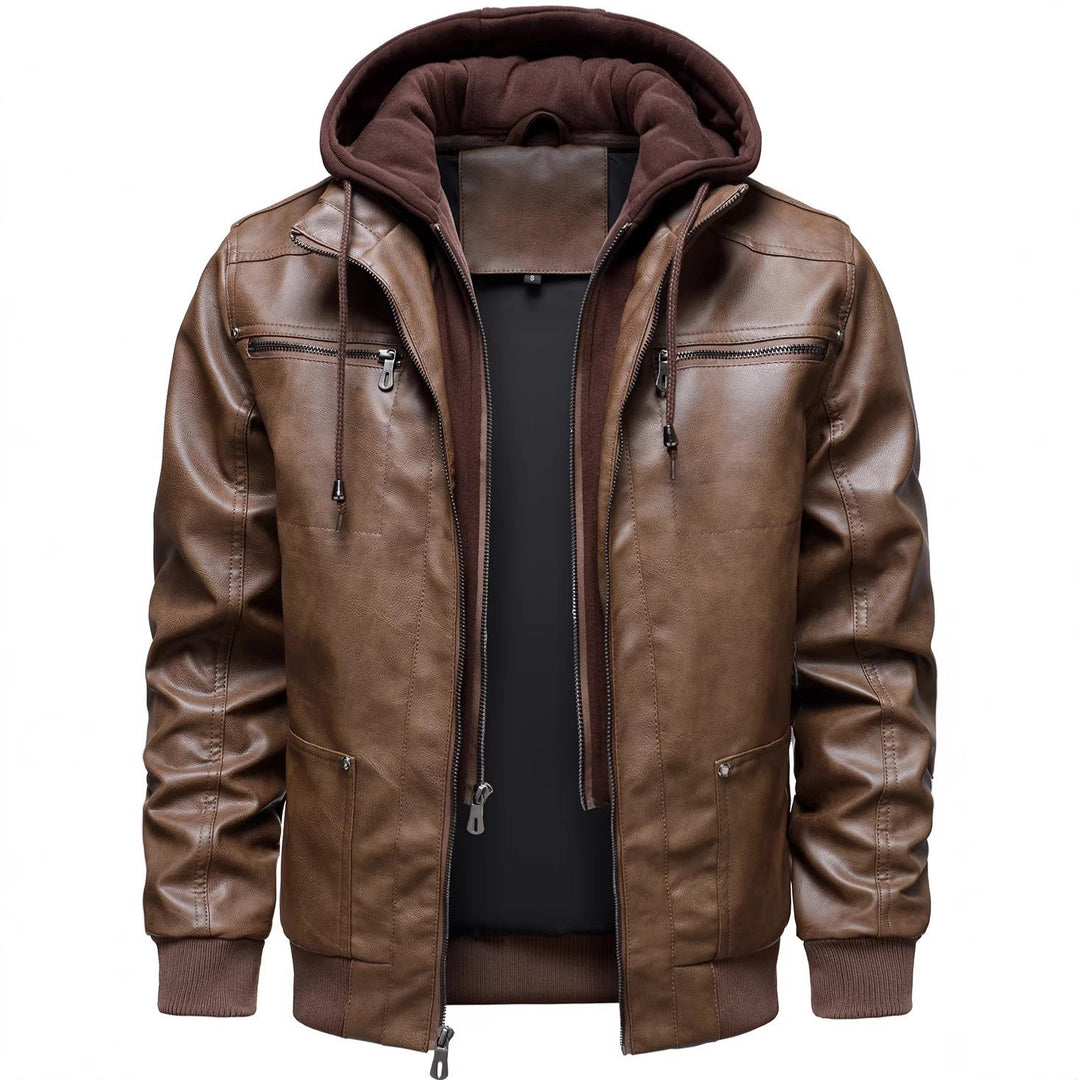 Men's sporty leather jacket with hood Mune Fashion