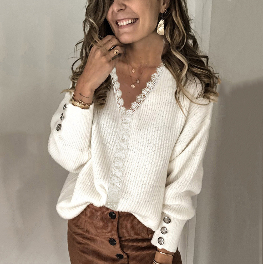 Women Oversize Fine Knit Sweater with Lace V-Neck and Decorative Button Sleeves Mune Fashion