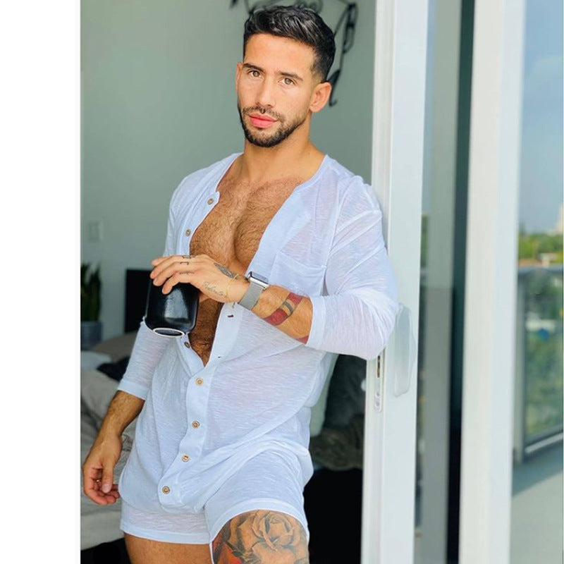 Men's comfortable short overall with round neck, continuous wooden button placket and chest pocket Mune Fashion