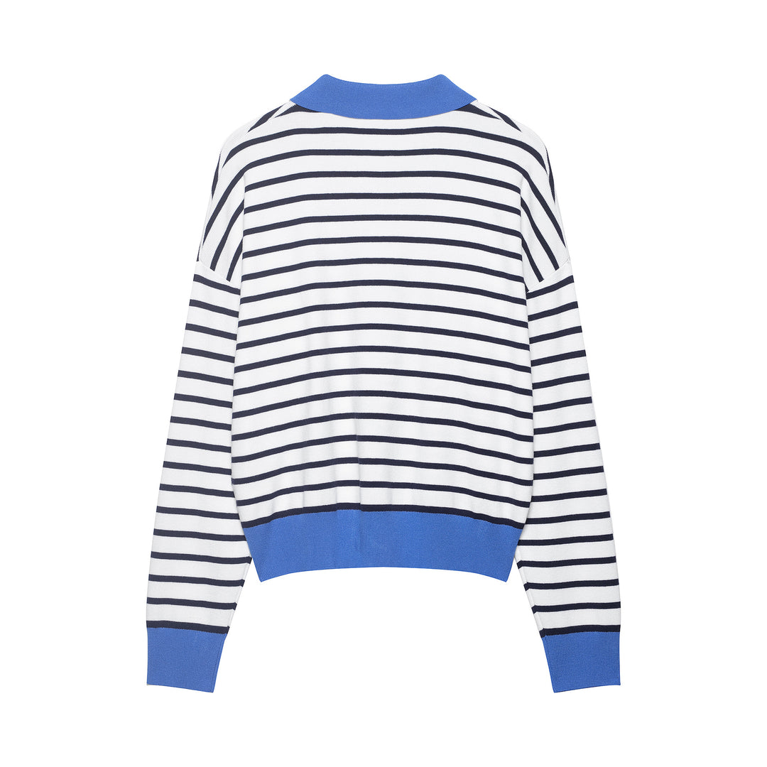 Women's Striped Cropped Knit Polo with Half Zipper and Wide Ribbed Cuff Mune Fashion