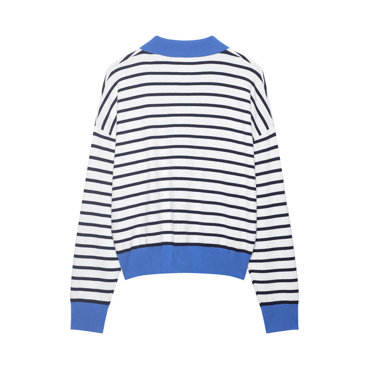 Women's Striped Cropped Knit Polo with Half Zipper and Wide Ribbed Cuff Mune Fashion