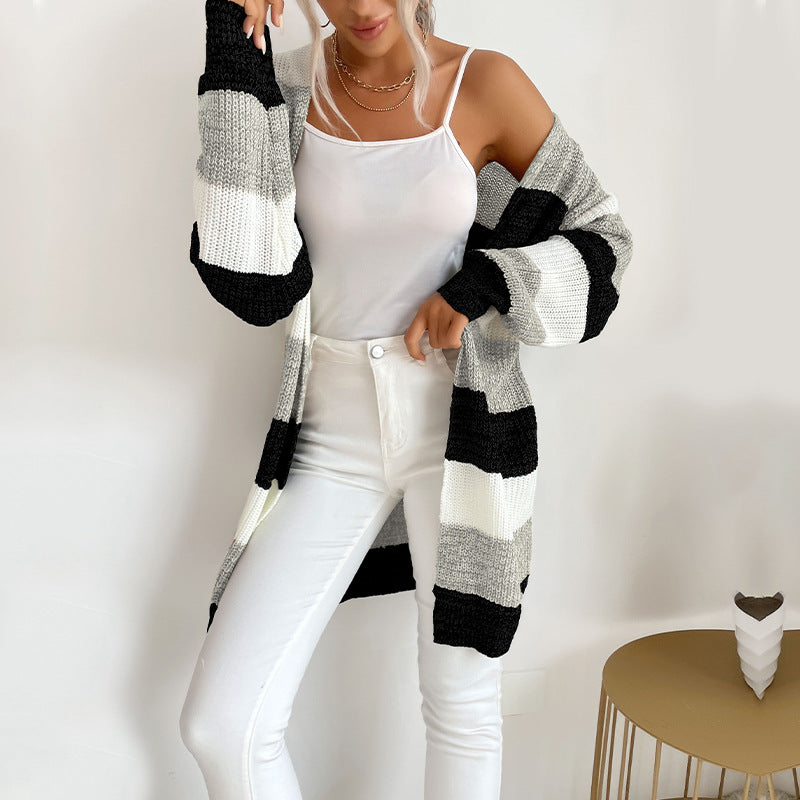 Women's Long Oversized Knit Cardigan with Block Stripes and Open Front Mune Fashion