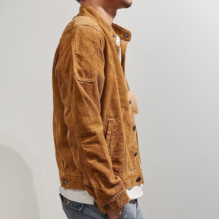 Men's Short-Cut Cord Jacket in Worker Style with Stand Collar and Snap Button Placket Mune Fashion