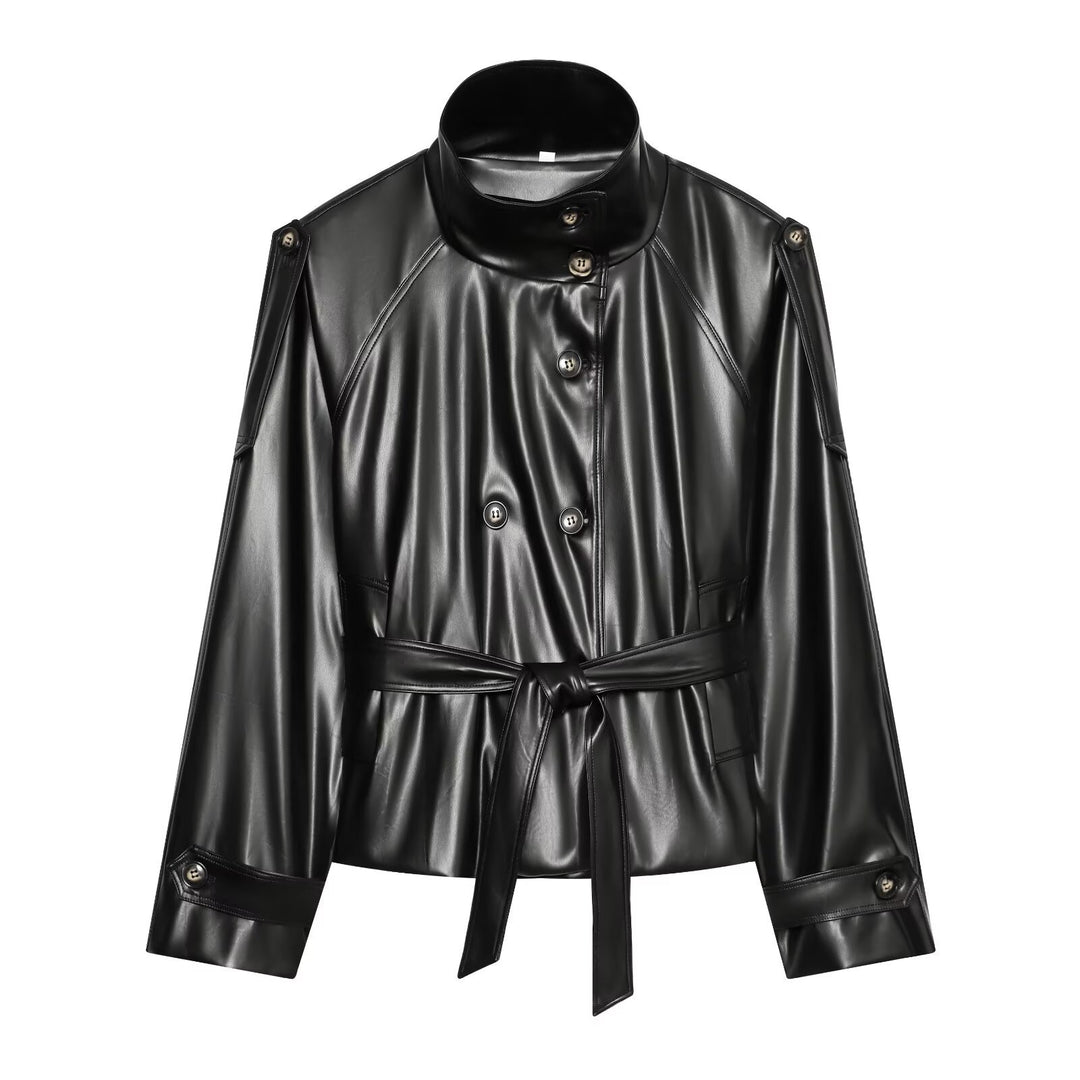 Women's Short Trench Blouson in Leather Look with Waist Belt, High Standing Collar, and Double Button Placket Drune