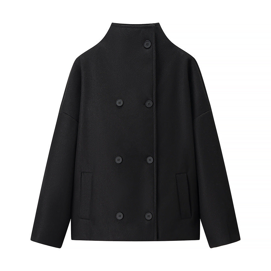 Women's Boxy Wool Blend Caban Jacket with Stand Collar and Dropped Shoulders Mune Fashion