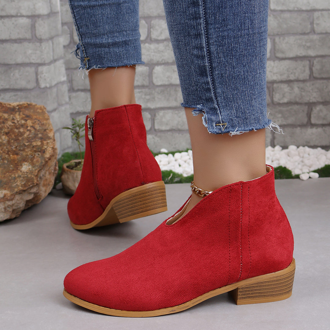 Ladies V-neck ankle boots made of suede look with side zipper and low wooden block sole Mune Fashion
