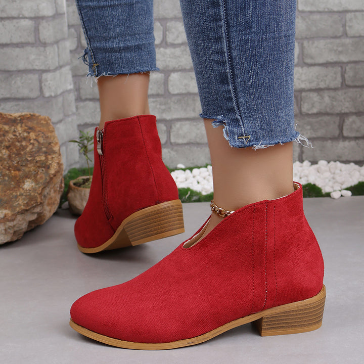 Ladies V-neck ankle boots made of suede look with side zipper and low wooden block sole Mune Fashion