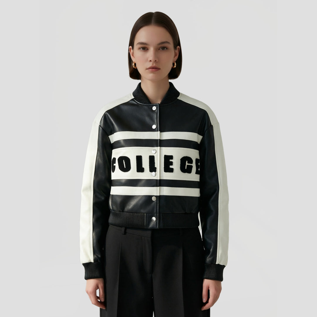 Women Cropped College Bomber Jacket made of faux leather with contrasting stripes and snap buttons Mune Fashion