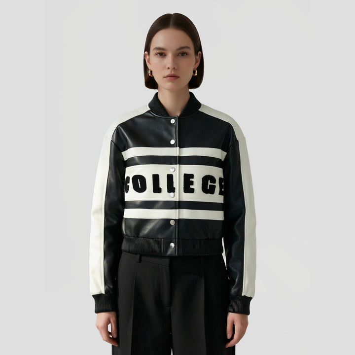 Women Cropped College Bomber Jacket made of faux leather with contrasting stripes and snap buttons Mune Fashion