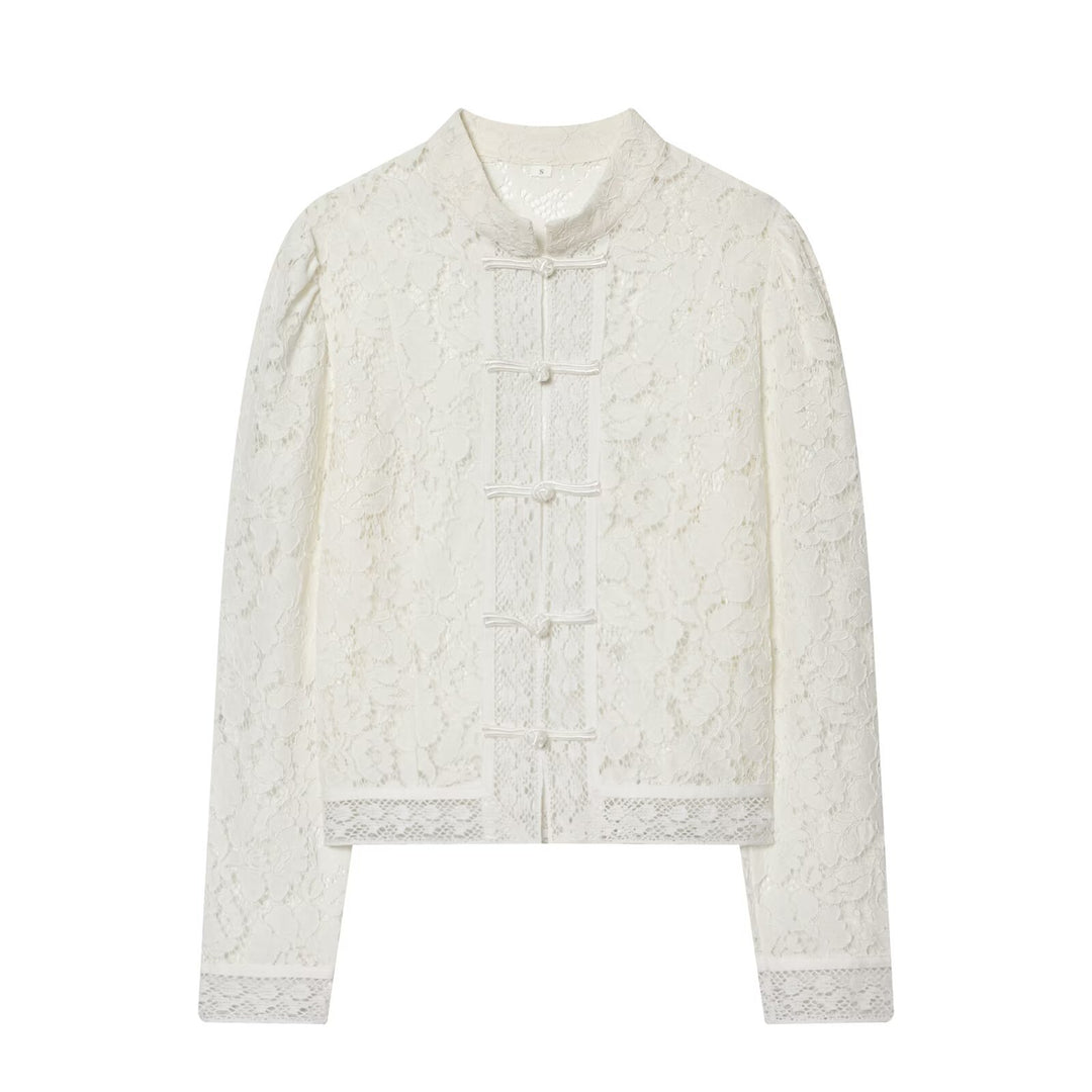 Women's lace jacket with mandarin collar and decorative frog closures Mune Fashion