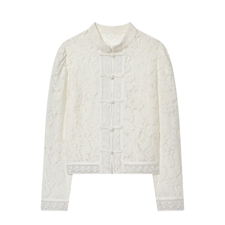 Women's lace jacket with mandarin collar and decorative frog closures Mune Fashion