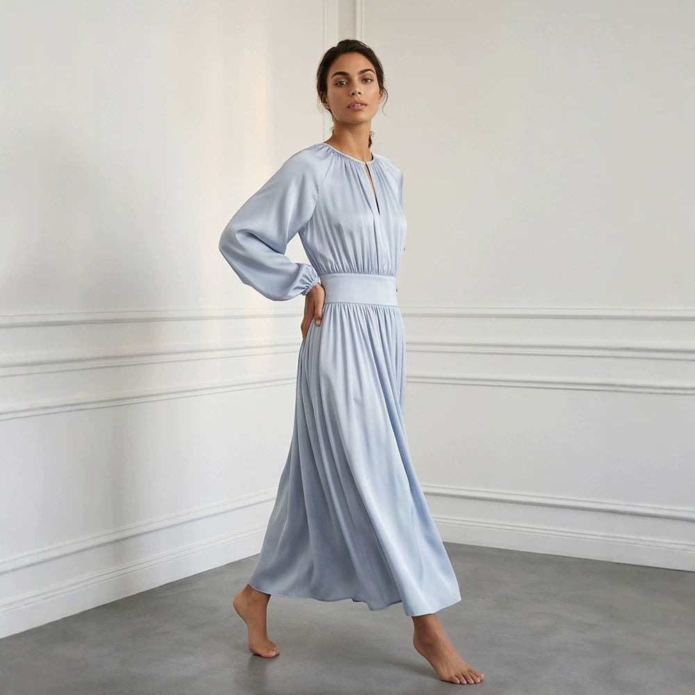 Women's Flowing Midi Dress with Wide Waistband, Gathered Top and Balloon Sleeves Mune Fashion
