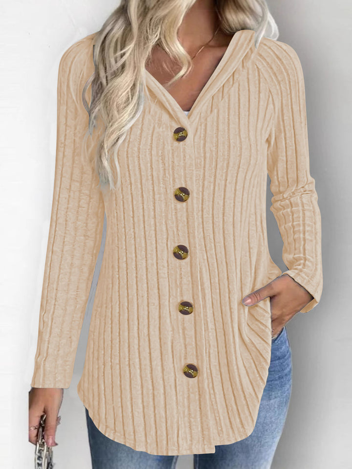 Women's Ribbed Hoodie Cardigan Blouse with Wooden Button Placket and Gathered Sleeves Mune Fashion