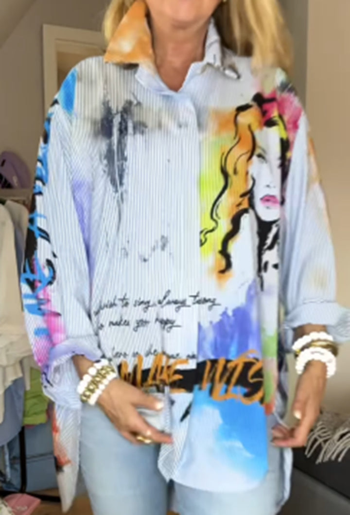 Women's elegantly printed loose-fitting shirt blouse with pop art motif and pinstripes Mune Fashion