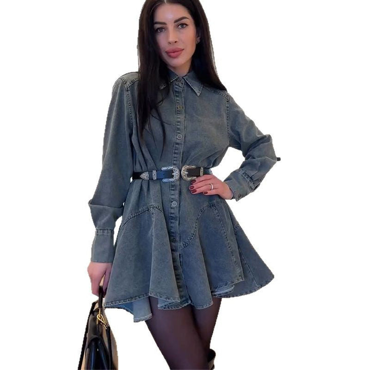 Women’s Denim Button Dress with Fitted Cut and Belt Mune