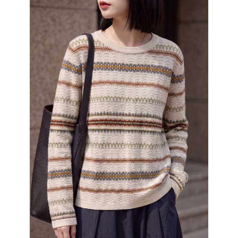 Women's Lightweight Round Neck Sweater in Norwegian Stripe Design with Structured Eyelet Optics Mune Fashion